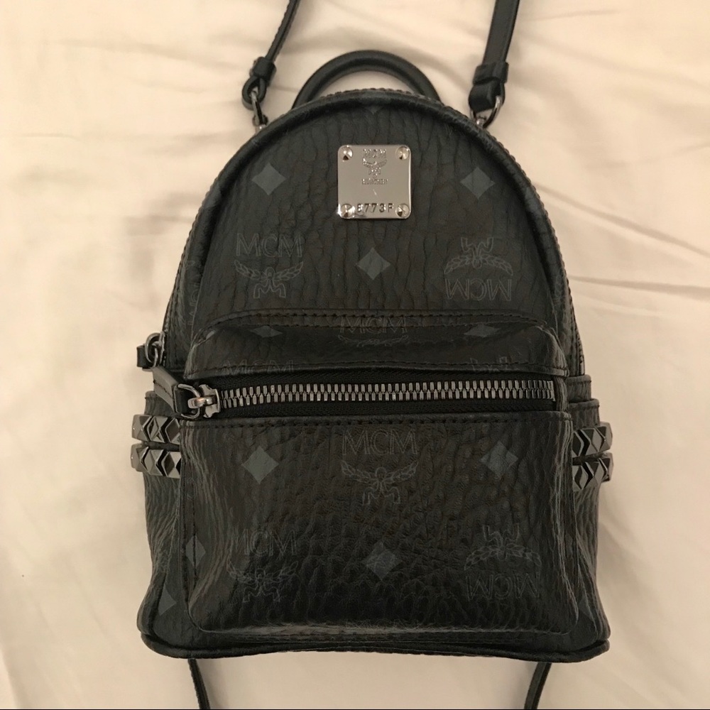 MCM Mini Black Stark Side Stud Backpack in Visetos
